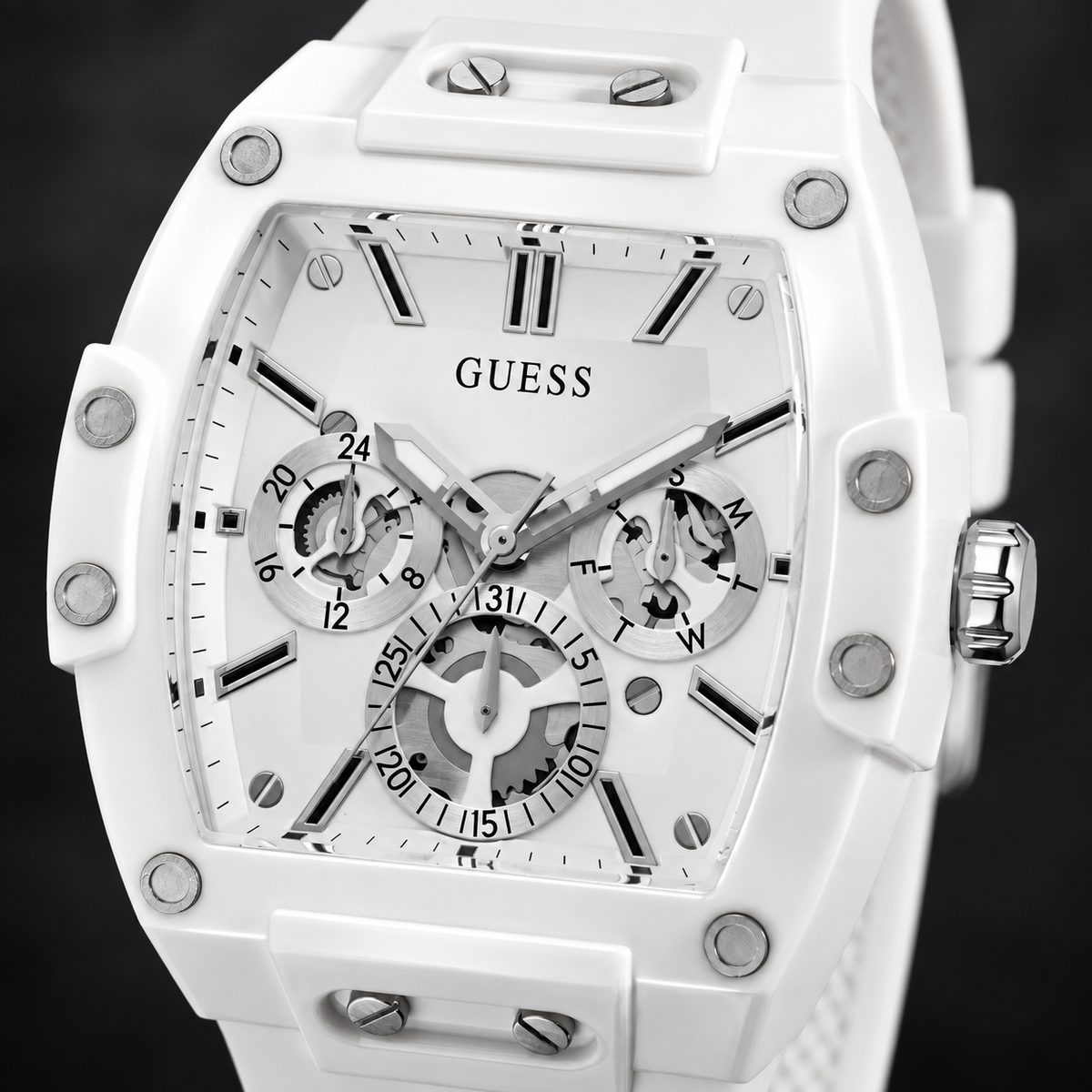GUESS Mens Venix White Multi-function Watch – Venix, Silver-tone skeleton-style dial, White silicone strap, 41.5 mm – GW0203G2 – image 3