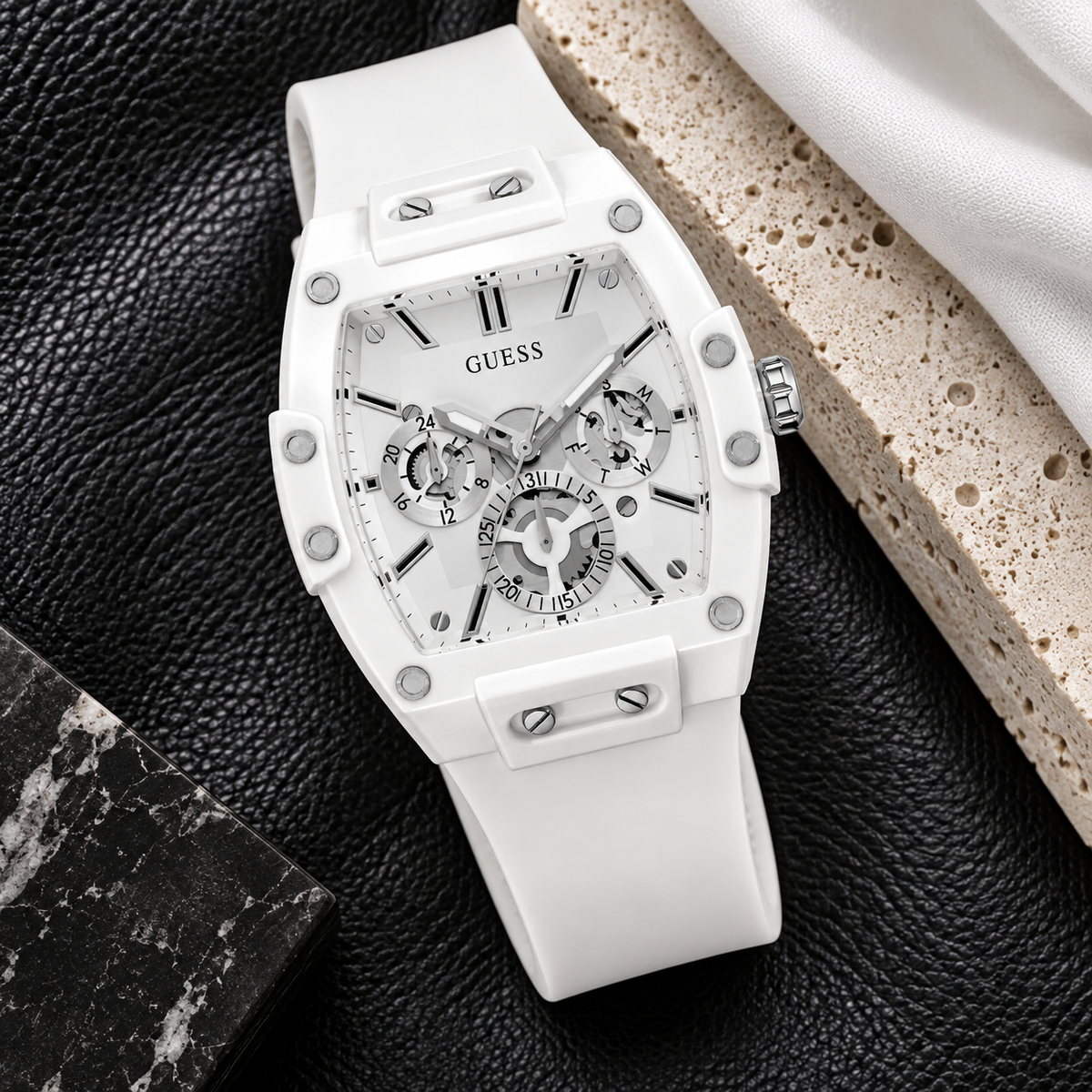 GUESS Mens Venix White Multi-function Watch – Venix, Silver-tone skeleton-style dial, White silicone strap, 41.5 mm – GW0203G2 – image 4