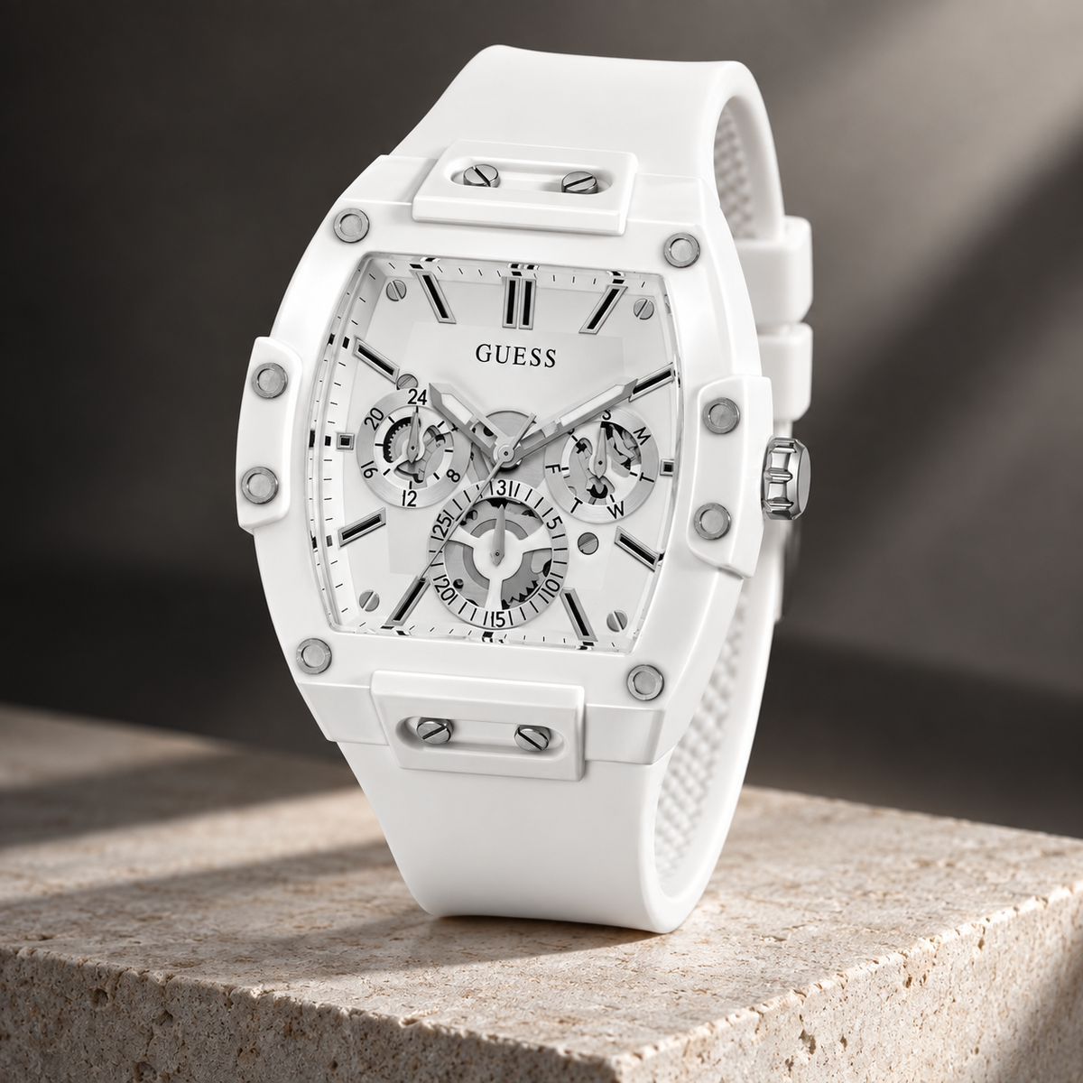 GUESS Mens Venix White Multi-function Watch – Venix, Silver-tone skeleton-style dial, White silicone strap, 41.5 mm – GW0203G2 – image 5