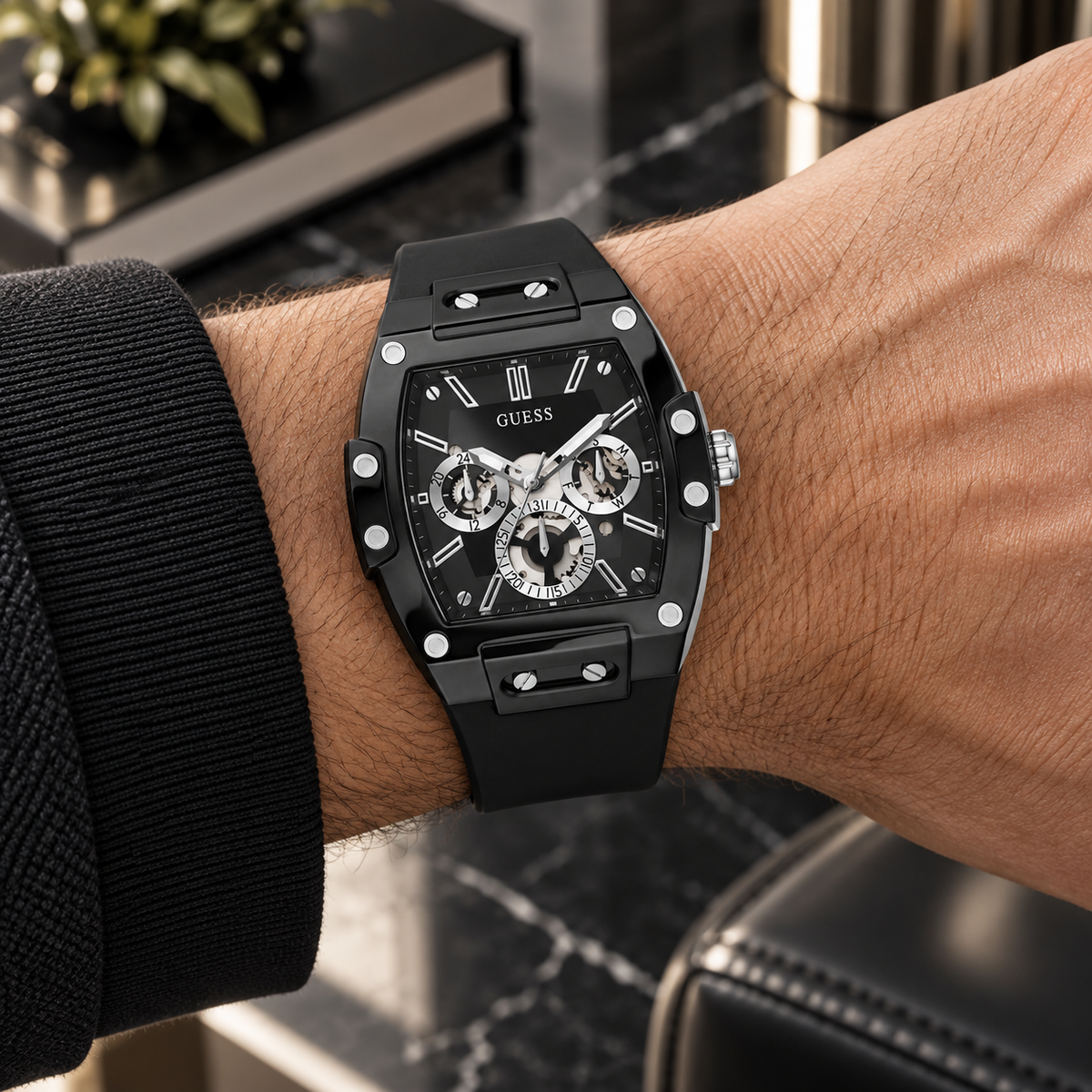 GUESS Mens Venix Black Multi-function Watch – Venix, Black skeleton-style dial, Black silicone strap, 41.5 mm – GW0203G3 – image 1