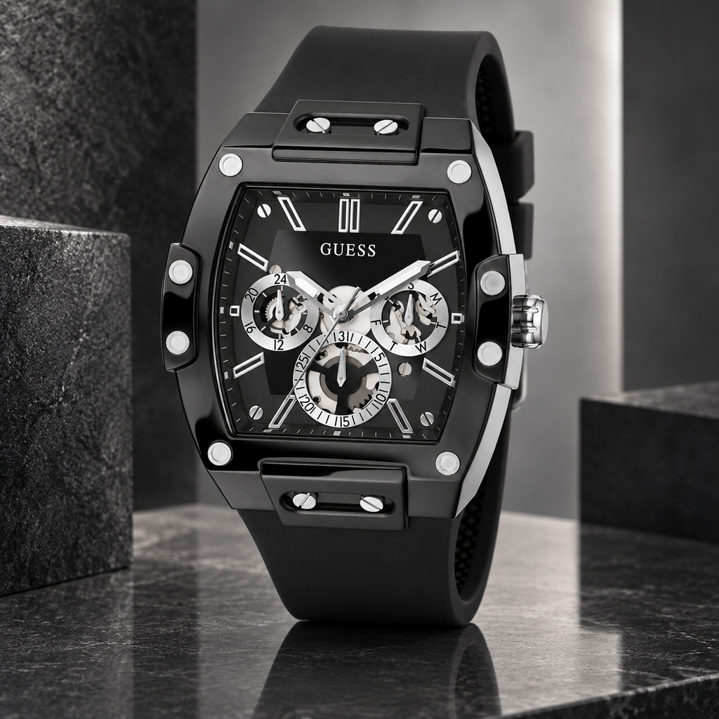 GUESS Mens Venix Black Multi-function Watch – Venix, Black skeleton-style dial, Black silicone strap, 41.5 mm – GW0203G3 – image 2