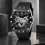 GUESS Mens Venix Black Multi-function Watch – Venix, Black skeleton-style dial, Black silicone strap, 41.5 mm – GW0203G3 – image 2