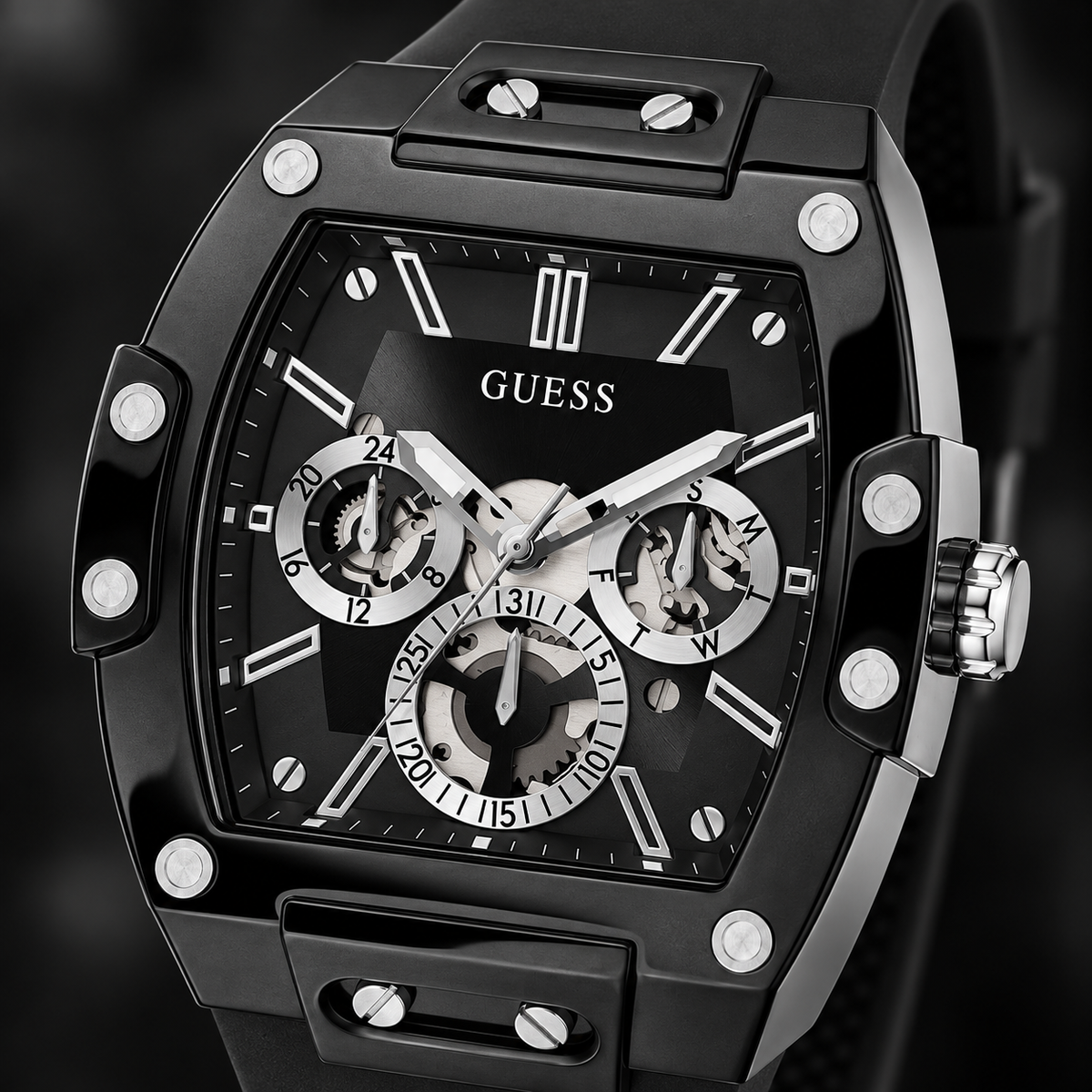 GUESS Mens Venix Black Multi-function Watch – Venix, Black skeleton-style dial, Black silicone strap, 41.5 mm – GW0203G3 – image 3