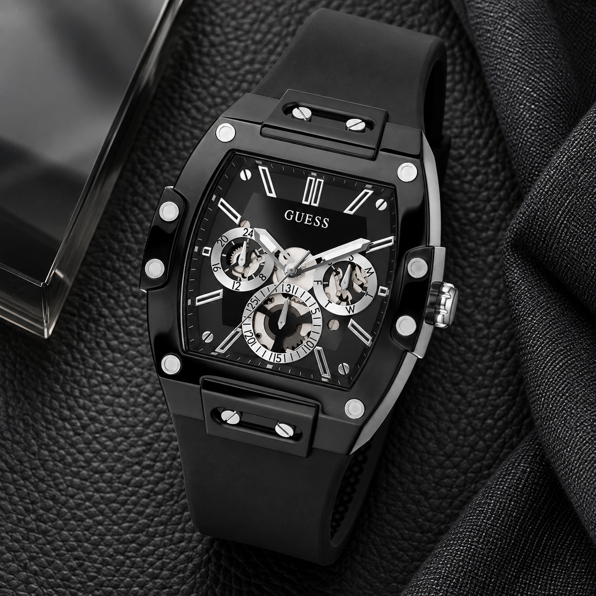 GUESS Mens Venix Black Multi-function Watch – Venix, Black skeleton-style dial, Black silicone strap, 41.5 mm – GW0203G3 – image 4