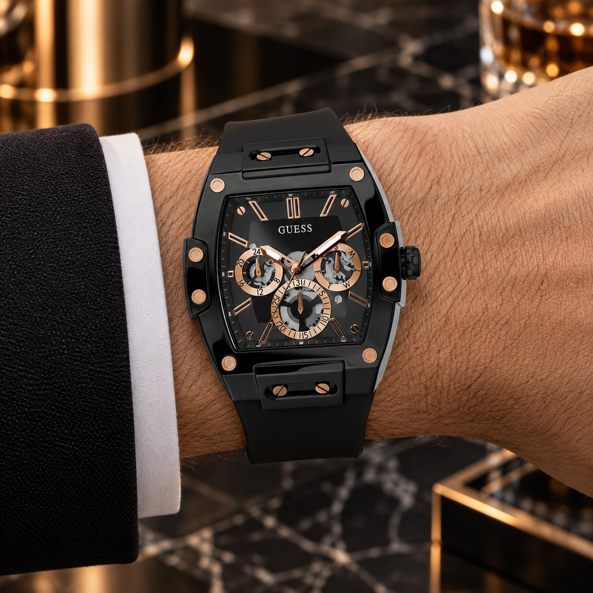 GUESS Mens Venix Black Multi-function Watch – Venix, Black skeleton-style dial with rose-gold-tone accents, Black silicone strap, 41.5 mm – GW0203G8 – image 1