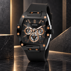 GUESS Mens Venix Black Multi-function Watch – Venix, Black skeleton-style dial with rose-gold-tone accents, Black silicone strap, 41.5 mm – GW0203G8 – image 2