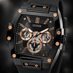 GUESS Mens Venix Black Multi-function Watch – Venix, Black skeleton-style dial with rose-gold-tone accents, Black silicone strap, 41.5 mm – GW0203G8 – image 3