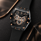 GUESS Mens Venix Black Multi-function Watch – Venix, Black skeleton-style dial with rose-gold-tone accents, Black silicone strap, 41.5 mm – GW0203G8 – image 4
