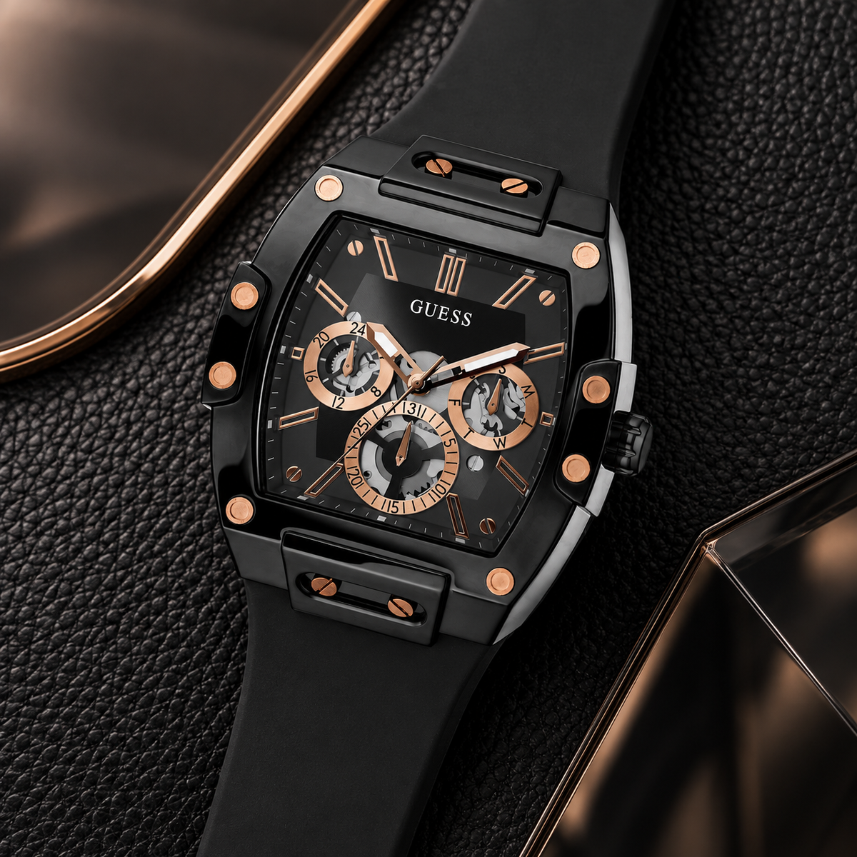 GUESS Mens Venix Black Multi-function Watch – Venix, Black skeleton-style dial with rose-gold-tone accents, Black silicone strap, 41.5 mm – GW0203G8 – image 4