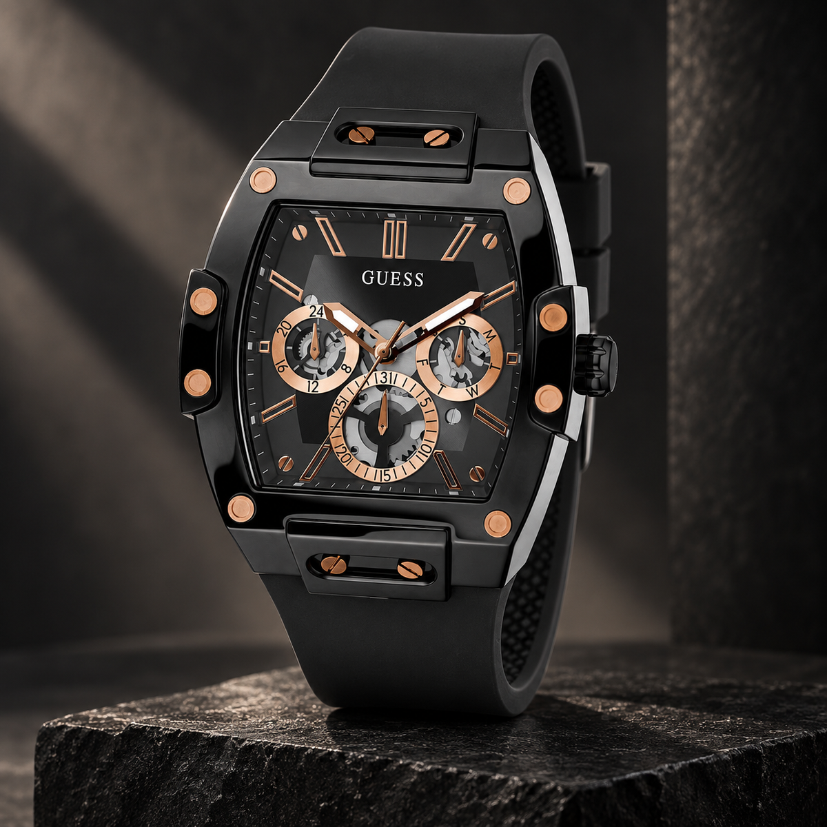GUESS Mens Venix Black Multi-function Watch – Venix, Black skeleton-style dial with rose-gold-tone accents, Black silicone strap, 41.5 mm – GW0203G8 – image 5