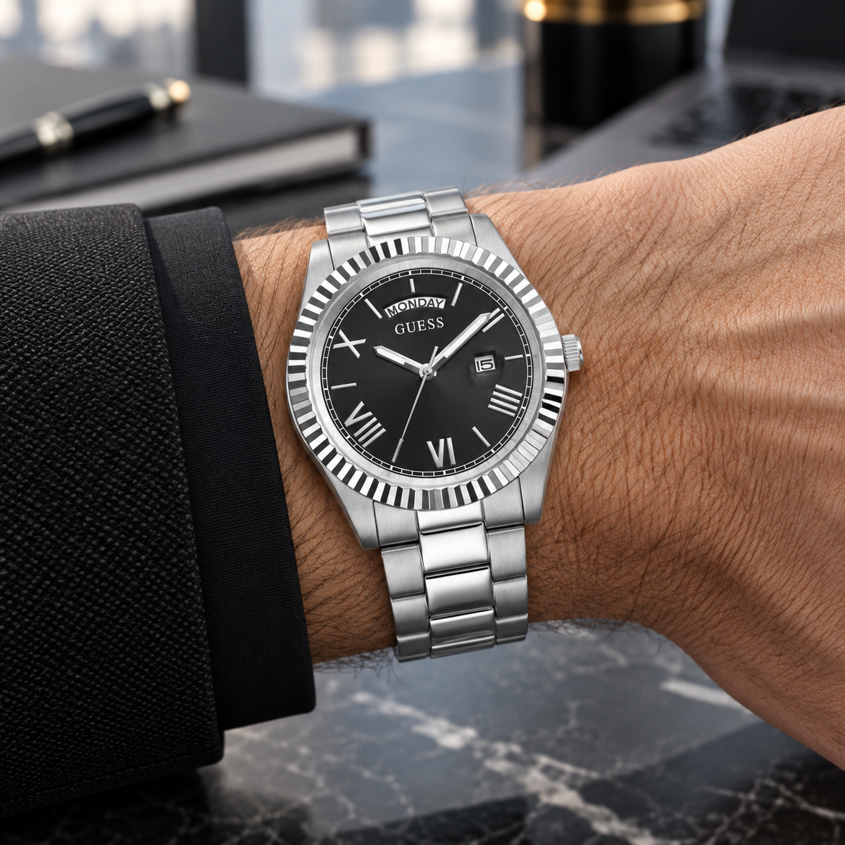 GUESS Mens Silver Tone Day/Date Watch – Atlas, Black dial with day window and magnified date, Silver-tone three-link stainless-steel bracelet, 42 mm – GW0265G1 – image 1