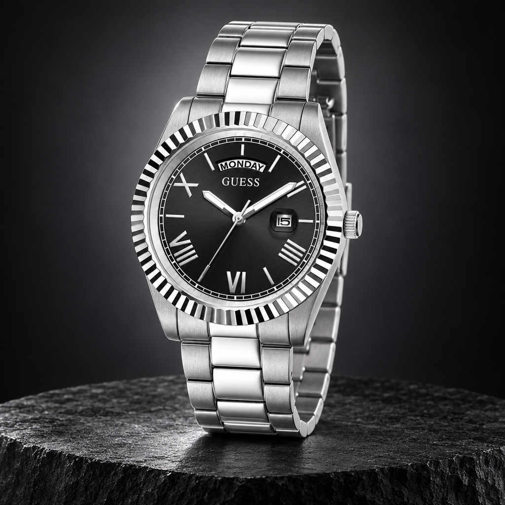 GUESS Mens Silver Tone Day/Date Watch – Atlas, Black dial with day window and magnified date, Silver-tone three-link stainless-steel bracelet, 42 mm – GW0265G1 – image 2