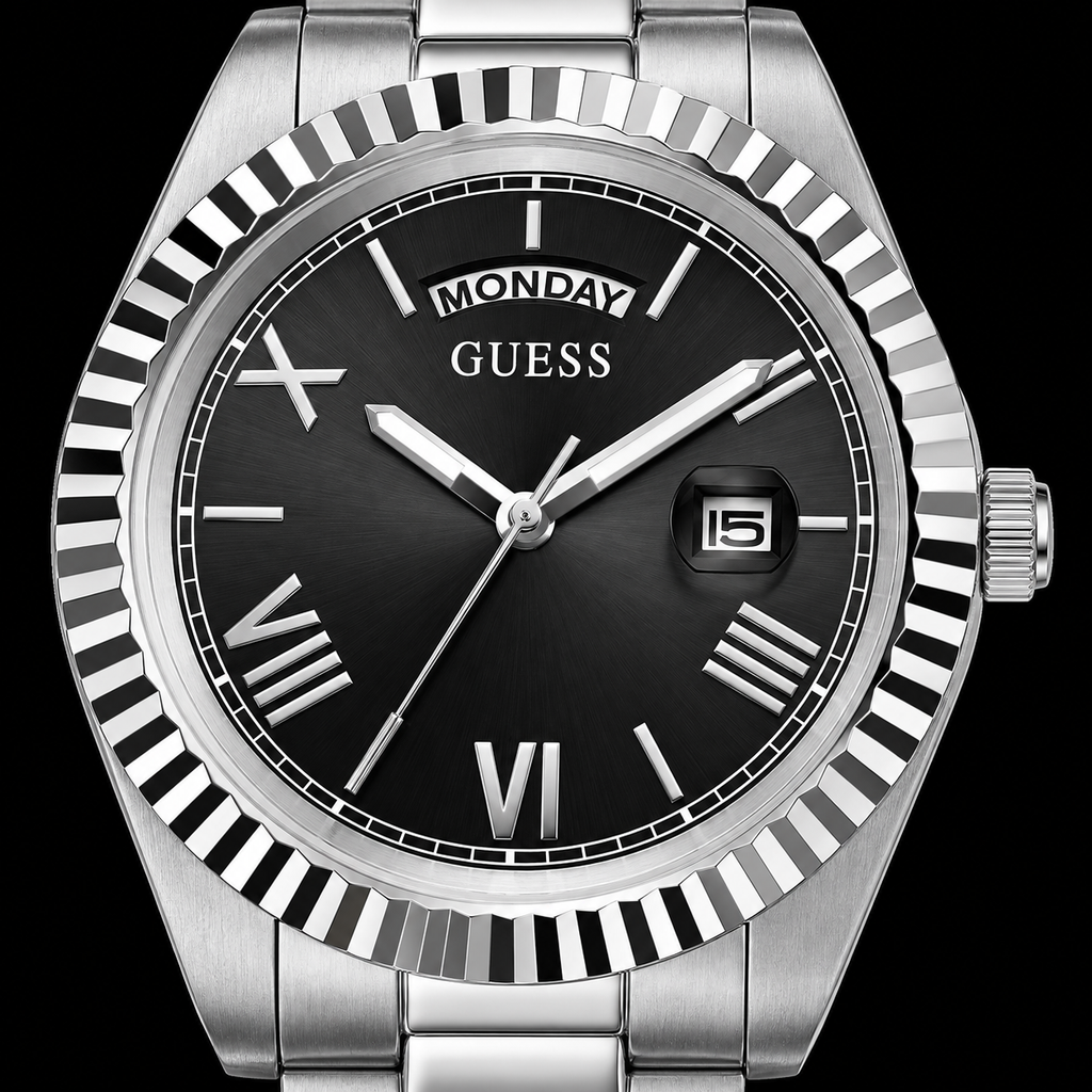 GUESS Mens Silver Tone Day/Date Watch – Atlas, Black dial with day window and magnified date, Silver-tone three-link stainless-steel bracelet, 42 mm – GW0265G1 – image 3