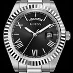 GUESS Mens Silver Tone Day/Date Watch – Atlas, Black dial with day window and magnified date, Silver-tone three-link stainless-steel bracelet, 42 mm – GW0265G1 – image 3
