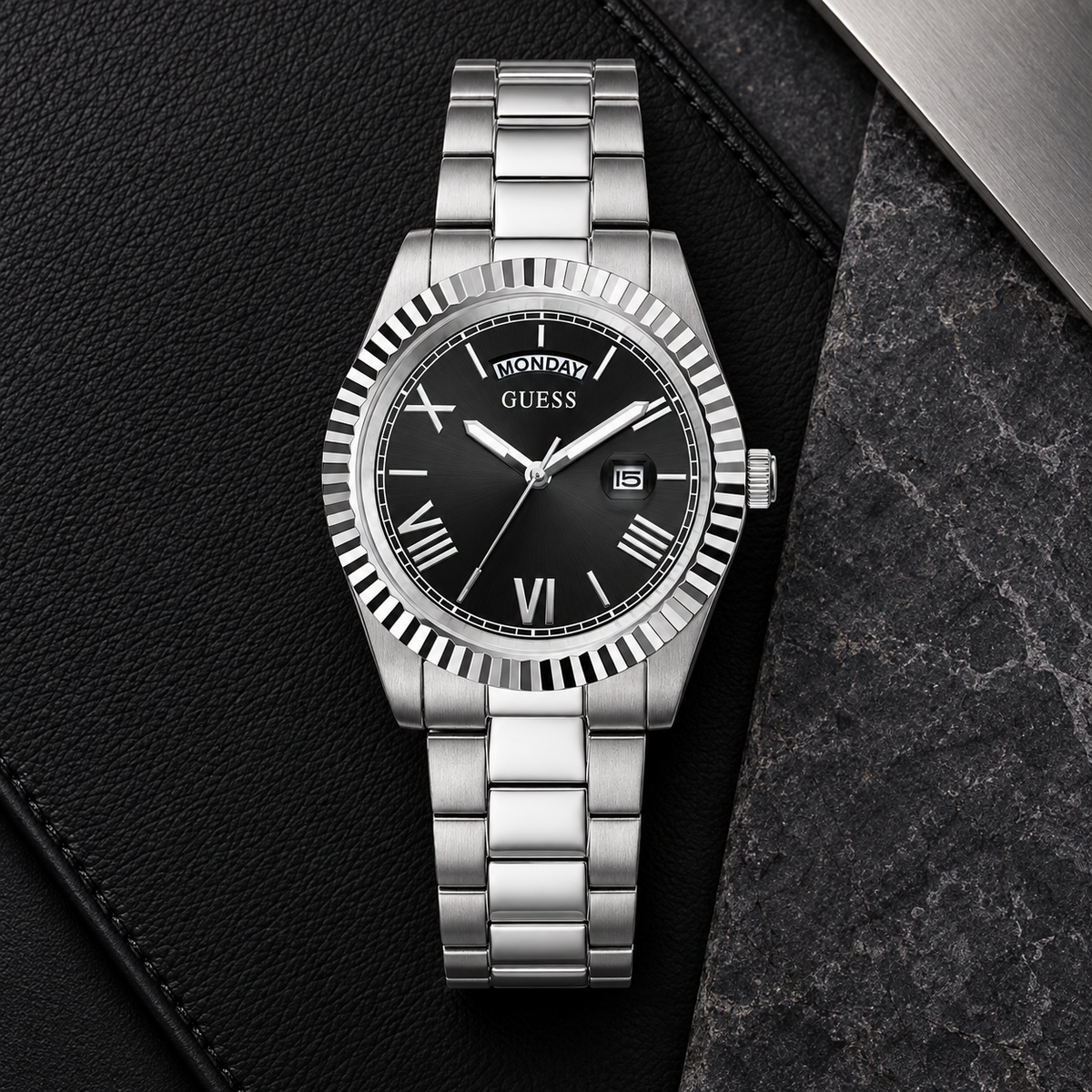 GUESS Mens Silver Tone Day/Date Watch – Atlas, Black dial with day window and magnified date, Silver-tone three-link stainless-steel bracelet, 42 mm – GW0265G1 – image 4