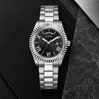 GUESS Mens Silver Tone Day/Date Watch – Atlas, Black dial with day window and magnified date, Silver-tone three-link stainless-steel bracelet, 42 mm – GW0265G1 – image 4