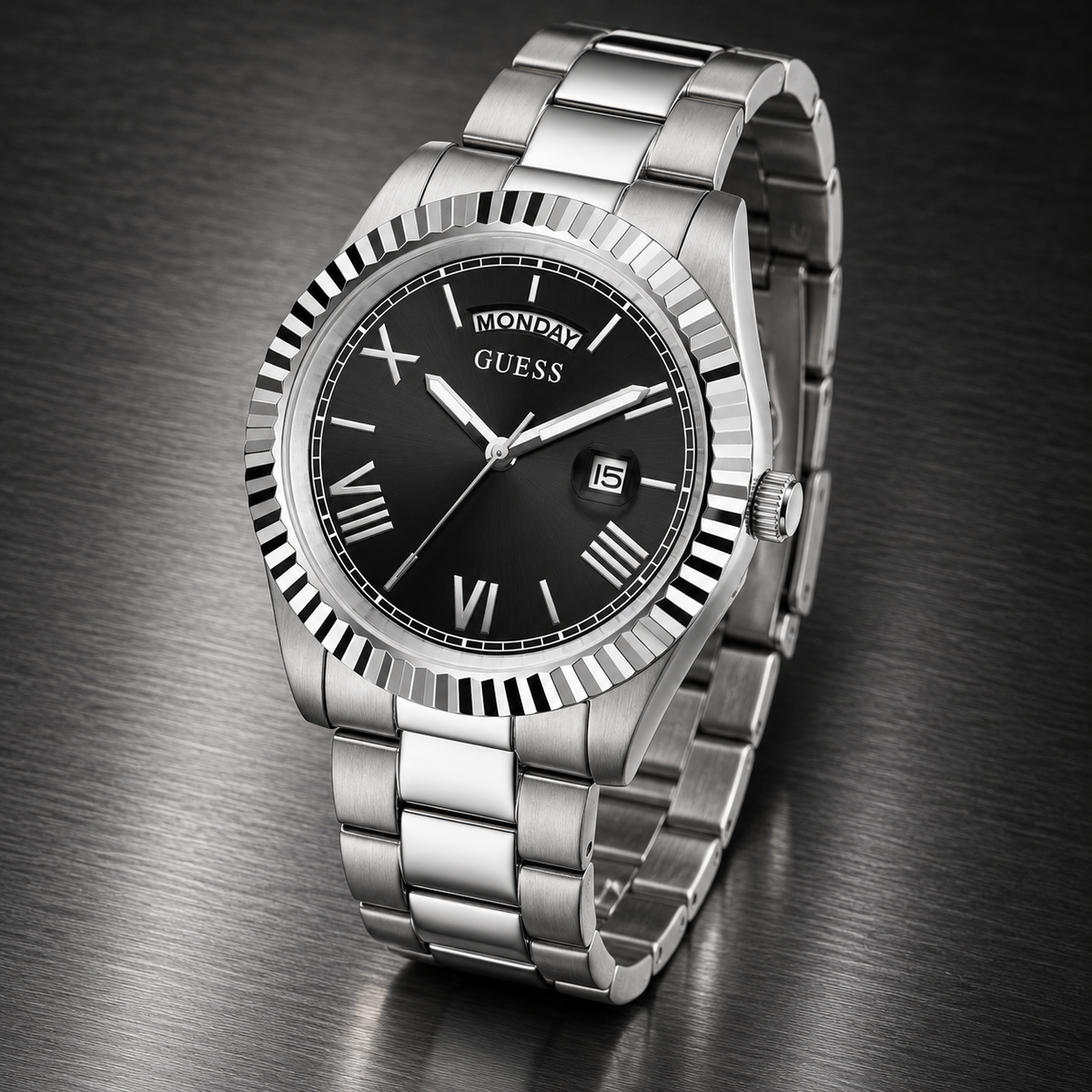 GUESS Mens Silver Tone Day/Date Watch – Atlas, Black dial with day window and magnified date, Silver-tone three-link stainless-steel bracelet, 42 mm – GW0265G1 – image 5