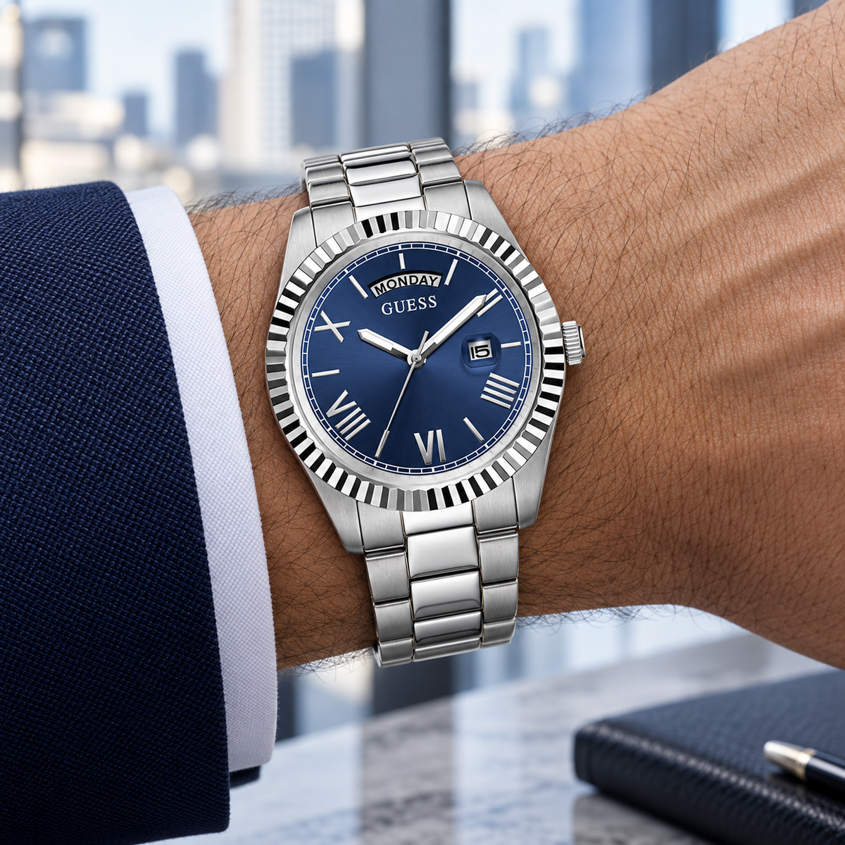 GUESS Mens Silver Tone Day/Date Watch – Atlas, Blue dial with day window and magnified date, Silver-tone three-link stainless-steel bracelet, 42 mm – GW0265G7 – image 1