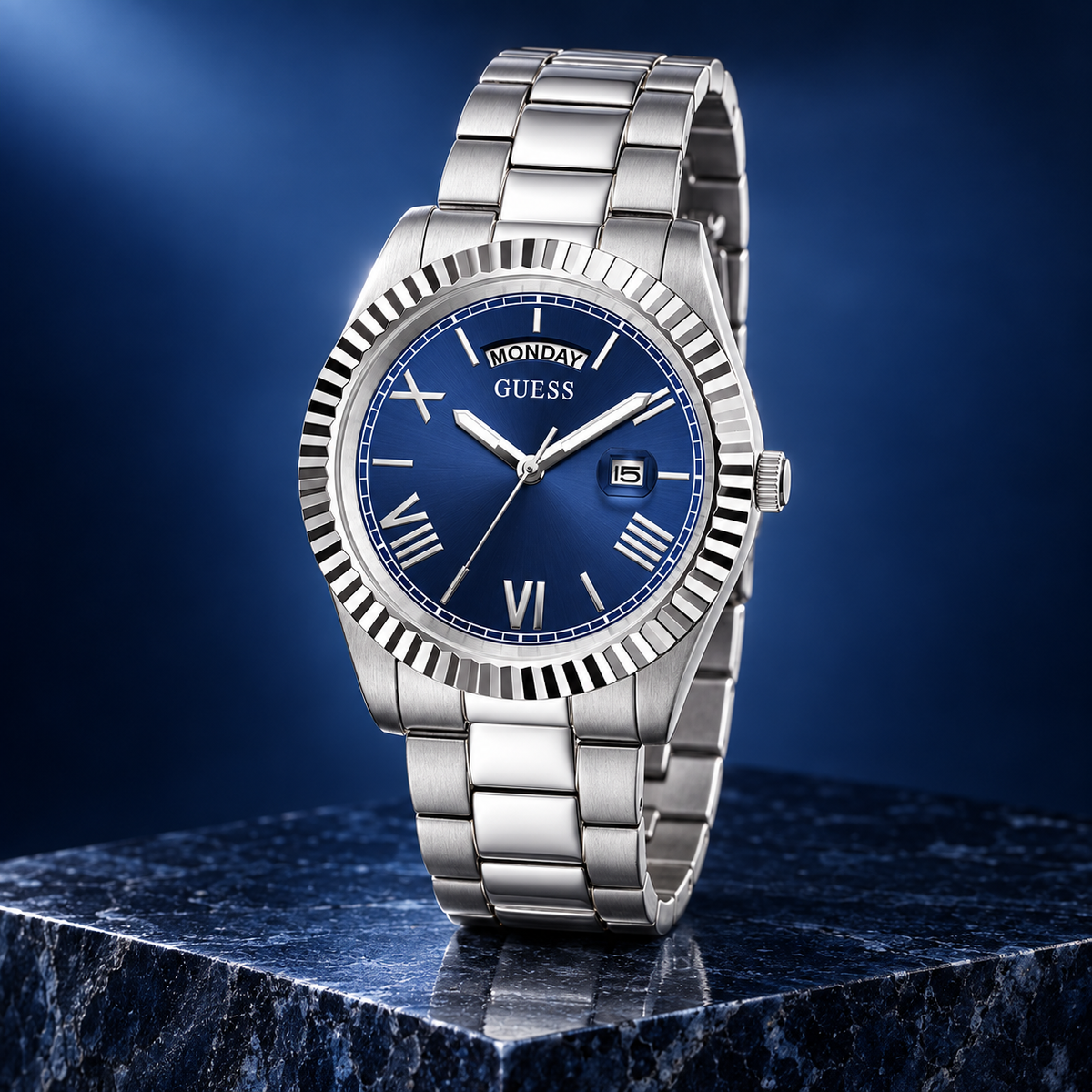 GUESS Mens Silver Tone Day/Date Watch – Atlas, Blue dial with day window and magnified date, Silver-tone three-link stainless-steel bracelet, 42 mm – GW0265G7 – image 2