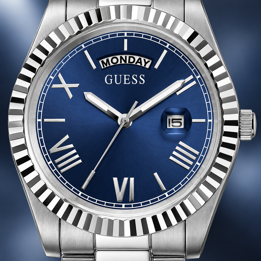 GUESS Mens Silver Tone Day/Date Watch – Atlas, Blue dial with day window and magnified date, Silver-tone three-link stainless-steel bracelet, 42 mm – GW0265G7 – image 3