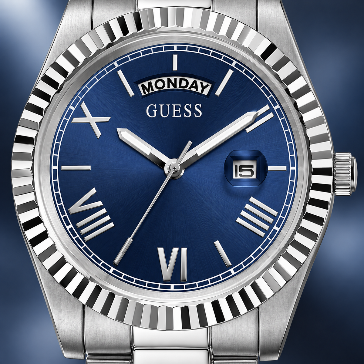 GUESS Mens Silver Tone Day/Date Watch – Atlas, Blue dial with day window and magnified date, Silver-tone three-link stainless-steel bracelet, 42 mm – GW0265G7 – image 3