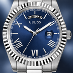 GUESS Mens Silver Tone Day/Date Watch – Atlas, Blue dial with day window and magnified date, Silver-tone three-link stainless-steel bracelet, 42 mm – GW0265G7 – image 3
