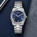 GUESS Mens Silver Tone Day/Date Watch – Atlas, Blue dial with day window and magnified date, Silver-tone three-link stainless-steel bracelet, 42 mm – GW0265G7 – image 4