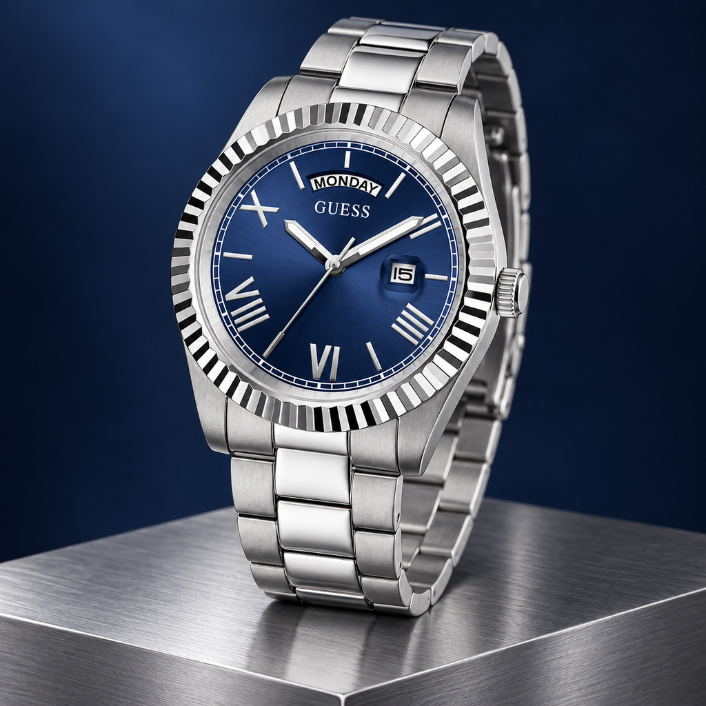 GUESS Mens Silver Tone Day/Date Watch – Atlas, Blue dial with day window and magnified date, Silver-tone three-link stainless-steel bracelet, 42 mm – GW0265G7 – image 5