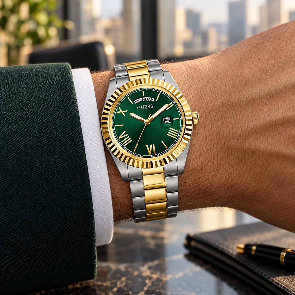 GUESS Mens 2-Tone Day/Date Watch – Atlas, Green dial with day window and magnified date, Two-tone three-link stainless-steel bracelet, 42 mm – GW0265G8 – image 1