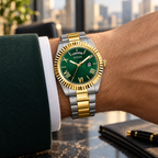 GUESS Mens 2-Tone Day/Date Watch – Atlas, Green dial with day window and magnified date, Two-tone three-link stainless-steel bracelet, 42 mm – GW0265G8 – image 1