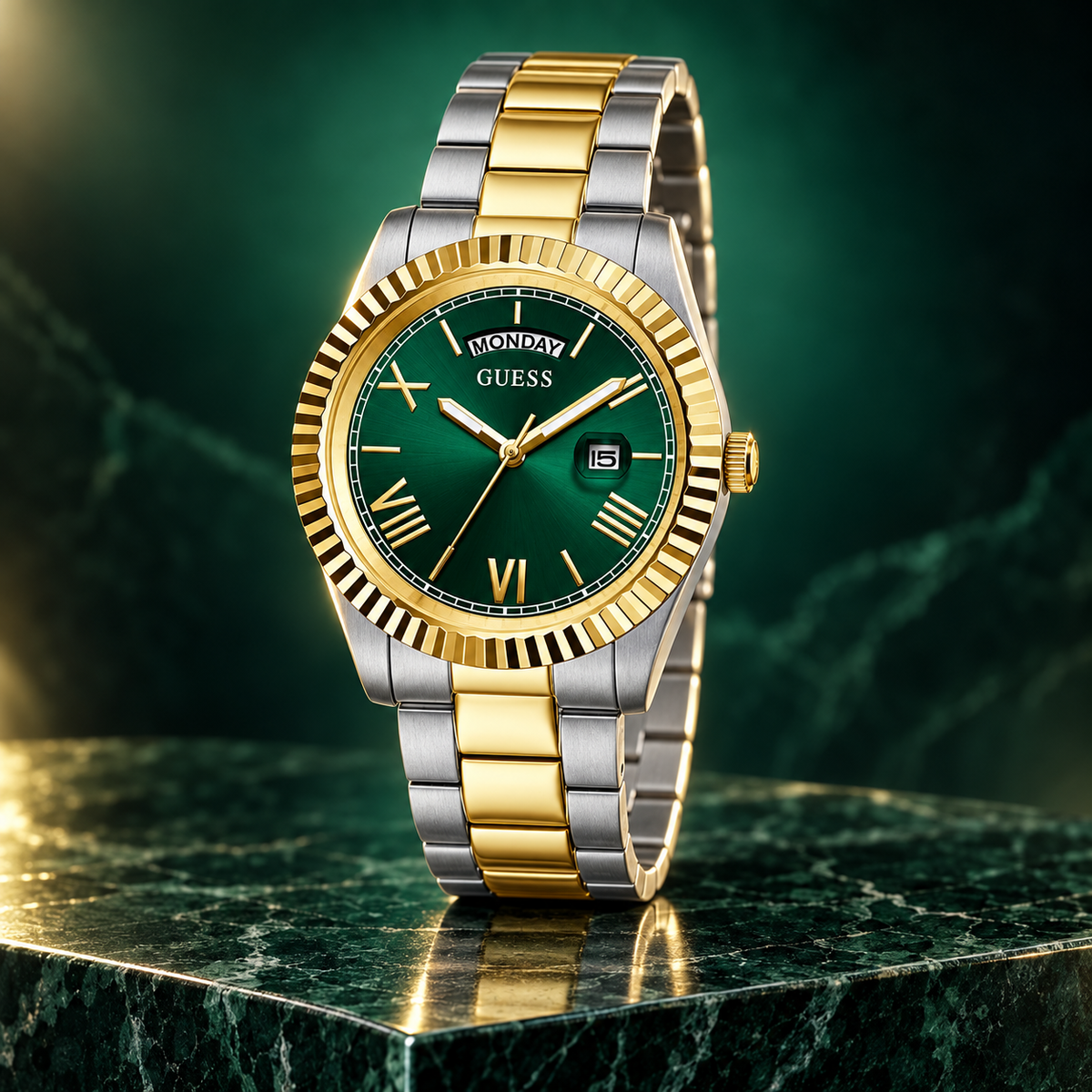 GUESS Mens 2-Tone Day/Date Watch – Atlas, Green dial with day window and magnified date, Two-tone three-link stainless-steel bracelet, 42 mm – GW0265G8 – image 2