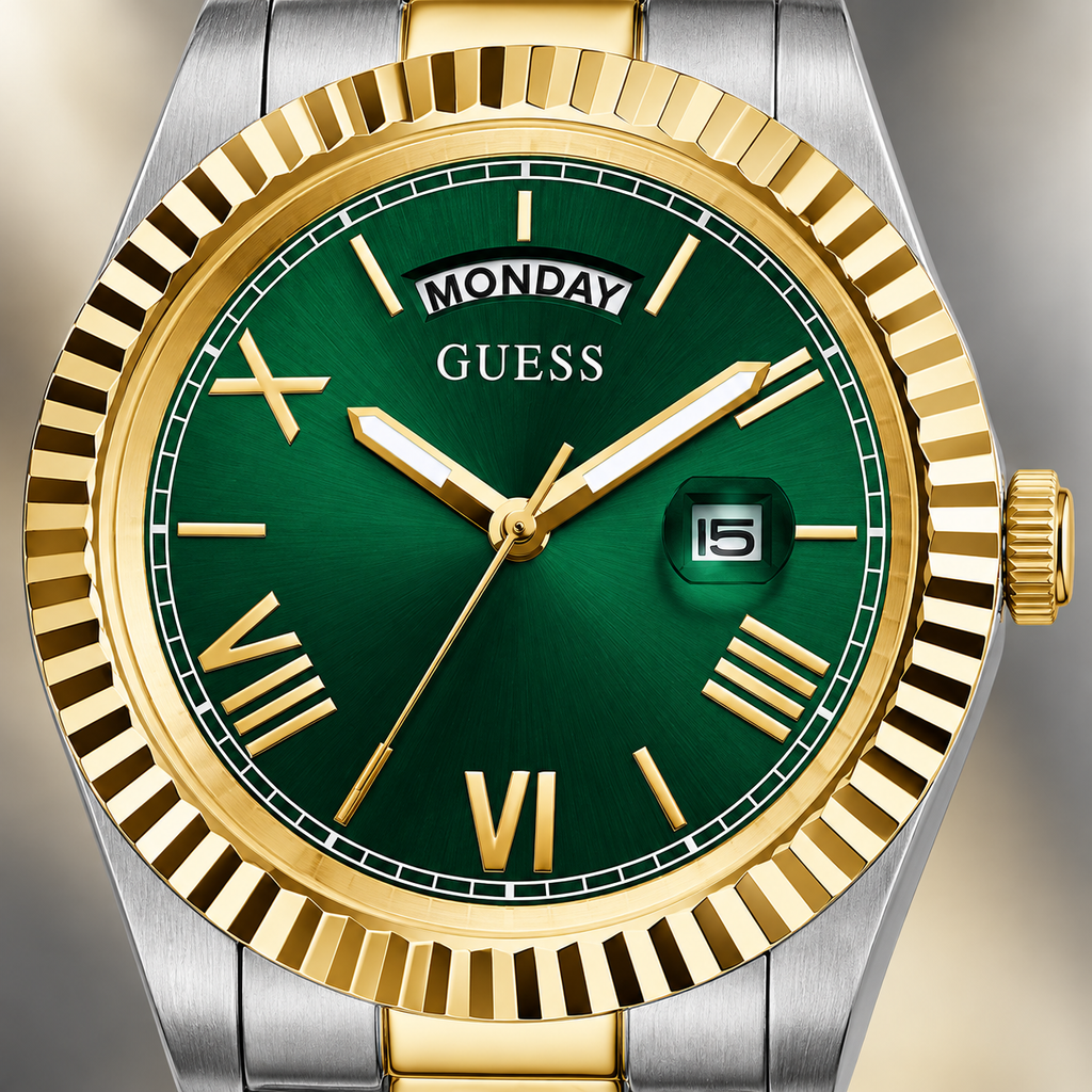 GUESS Mens 2-Tone Day/Date Watch – Atlas, Green dial with day window and magnified date, Two-tone three-link stainless-steel bracelet, 42 mm – GW0265G8 – image 3