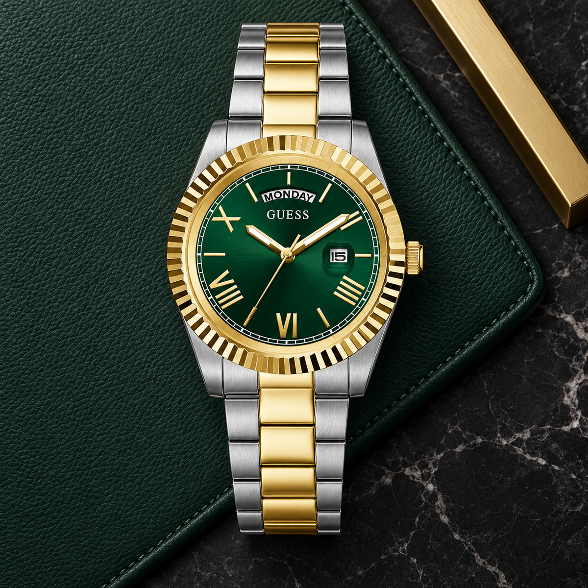 GUESS Mens 2-Tone Day/Date Watch – Atlas, Green dial with day window and magnified date, Two-tone three-link stainless-steel bracelet, 42 mm – GW0265G8 – image 4