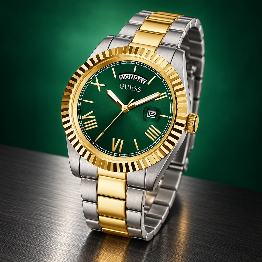 GUESS Mens 2-Tone Day/Date Watch – Atlas, Green dial with day window and magnified date, Two-tone three-link stainless-steel bracelet, 42 mm – GW0265G8 – image 5