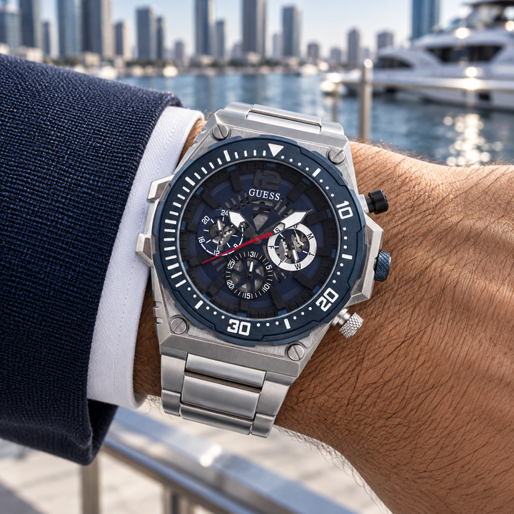 GUESS Exposure Men's Blue Silver-Tone Multi-function Watch – Exposure, Blue skeleton-style multi-function dial with red sweep hand, Silver-tone stainless-steel bracelet, 48 mm – GW0324G1