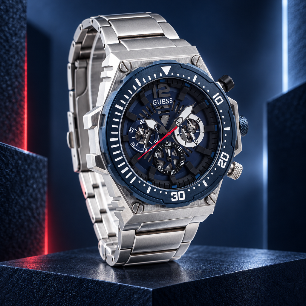 GUESS Exposure Men's Blue Silver-Tone Multi-function Watch – Exposure, Blue skeleton-style multi-function dial with red sweep hand, Silver-tone stainless-steel bracelet, 48 mm – GW0324G1 – image 2