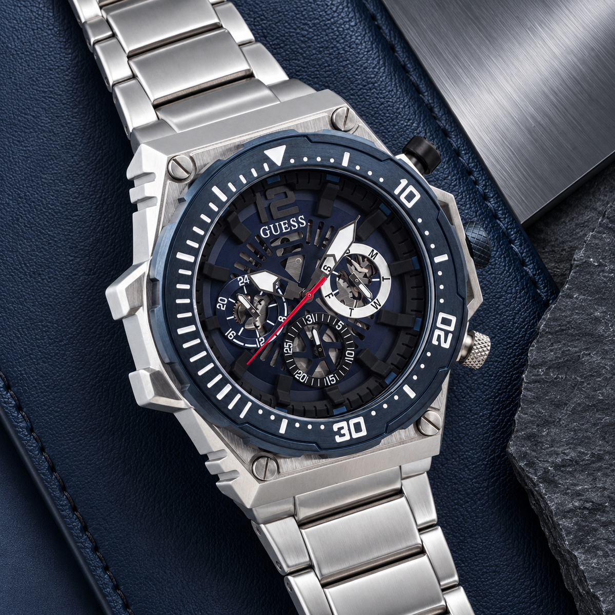 GUESS Exposure Men's Blue Silver-Tone Multi-function Watch – Exposure, Blue skeleton-style multi-function dial with red sweep hand, Silver-tone stainless-steel bracelet, 48 mm – GW0324G1 – image 4