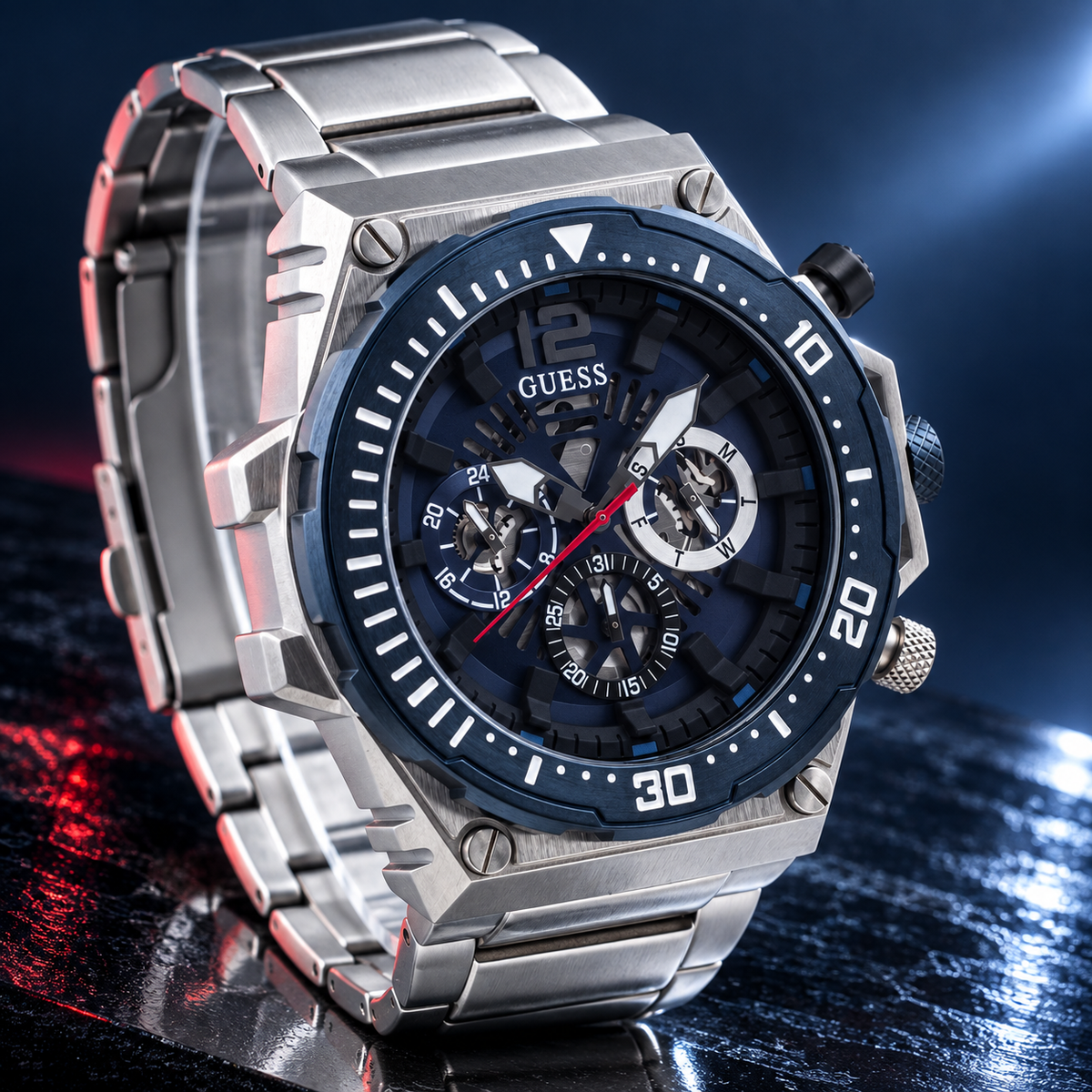 GUESS Exposure Men's Blue Silver-Tone Multi-function Watch – Exposure, Blue skeleton-style multi-function dial with red sweep hand, Silver-tone stainless-steel bracelet, 48 mm – GW0324G1 – image 5