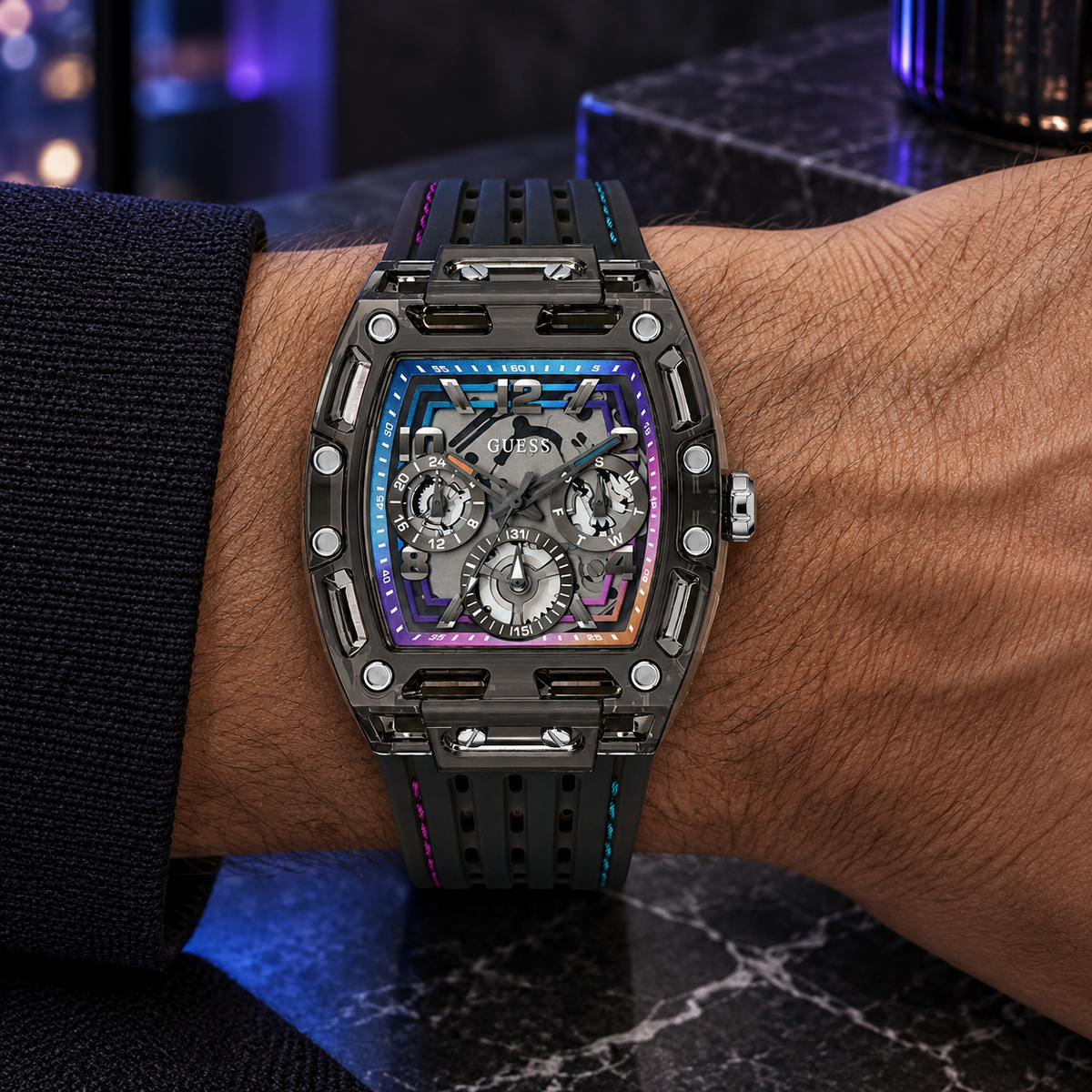 GUESS Mens Venix Black Multifunction Watch – Venix, Transparent black dial with multicolor gradient frame, Black silicone strap with contrast stitching, 42 mm – GW0499G14 – image 1