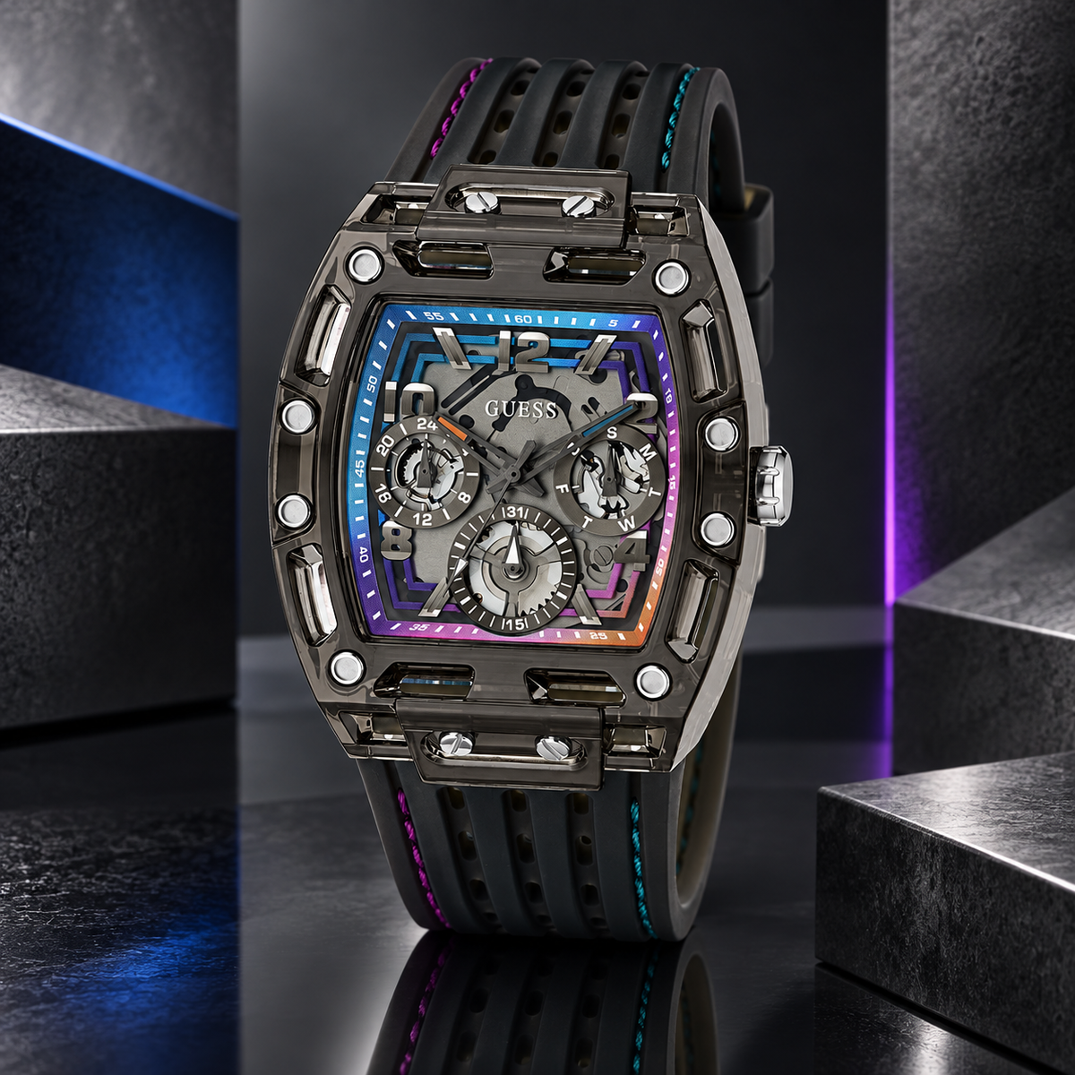 GUESS Mens Venix Black Multifunction Watch – Venix, Transparent black dial with multicolor gradient frame, Black silicone strap with contrast stitching, 42 mm – GW0499G14 – image 2