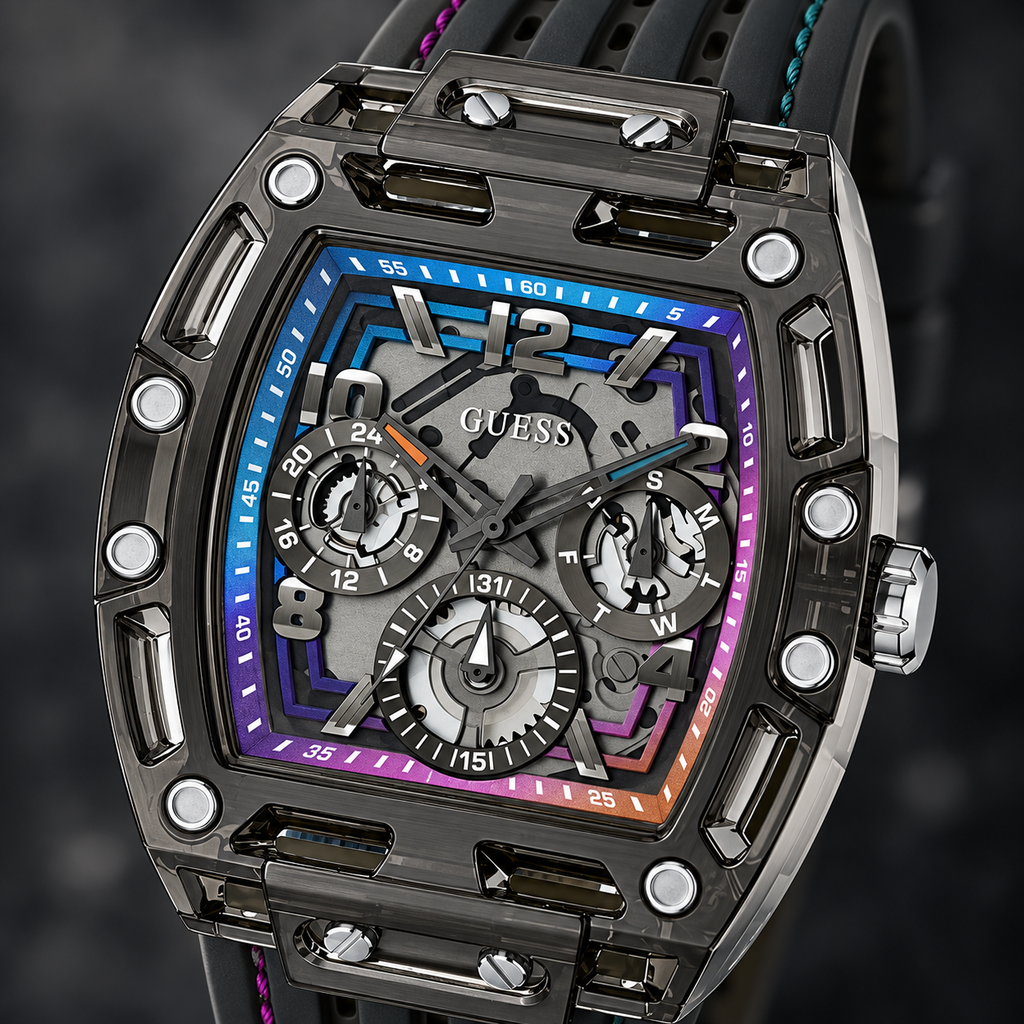 GUESS Mens Venix Black Multifunction Watch – Venix, Transparent black dial with multicolor gradient frame, Black silicone strap with contrast stitching, 42 mm – GW0499G14 – image 3
