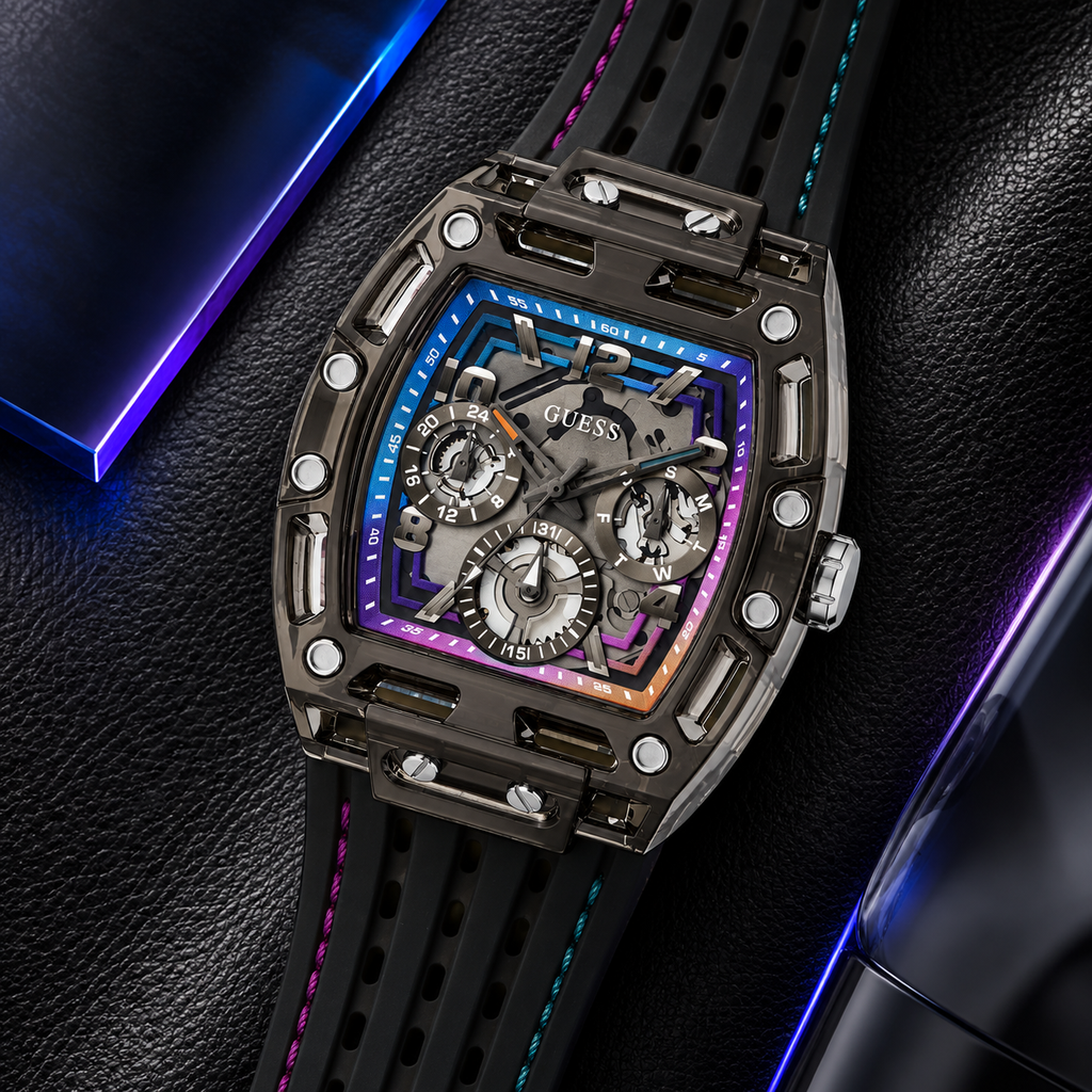 GUESS Mens Venix Black Multifunction Watch – Venix, Transparent black dial with multicolor gradient frame, Black silicone strap with contrast stitching, 42 mm – GW0499G14 – image 4