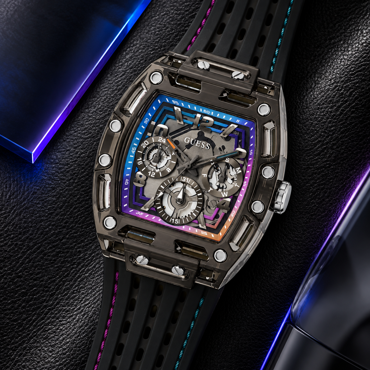 GUESS Mens Venix Black Multifunction Watch – Venix, Transparent black dial with multicolor gradient frame, Black silicone strap with contrast stitching, 42 mm – GW0499G14 – image 4