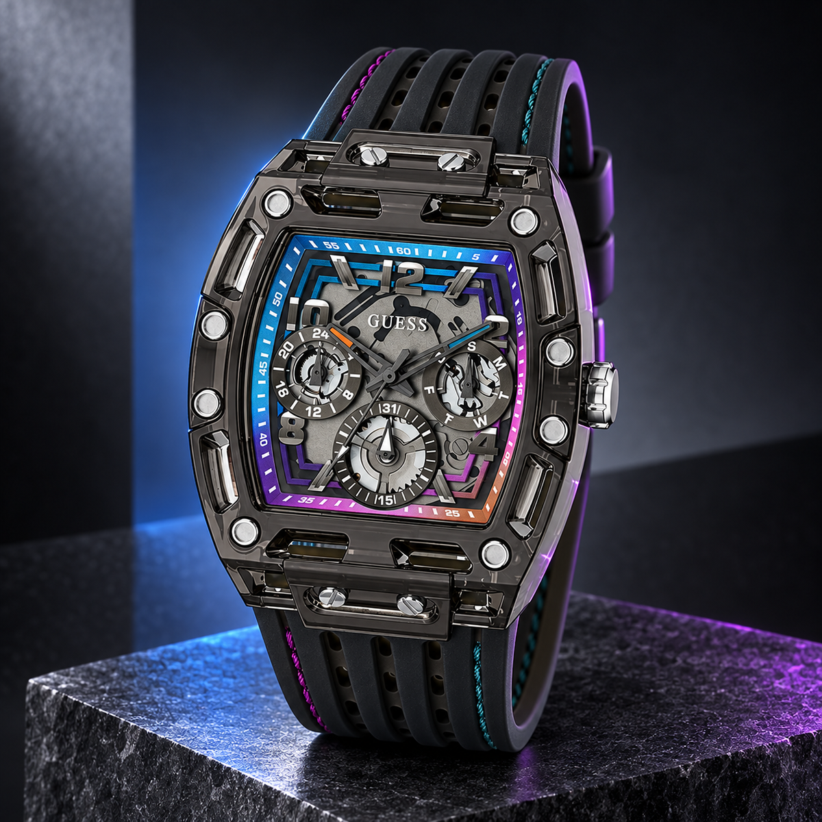 GUESS Mens Venix Black Multifunction Watch – Venix, Transparent black dial with multicolor gradient frame, Black silicone strap with contrast stitching, 42 mm – GW0499G14 – image 5