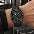 GUESS Mens Venix Black Multi-function Watch – Venix, Smoked black cut-through dial with GUESS skull motif, Black leather-over-silicone flex strap – GW0500G2 – image 1