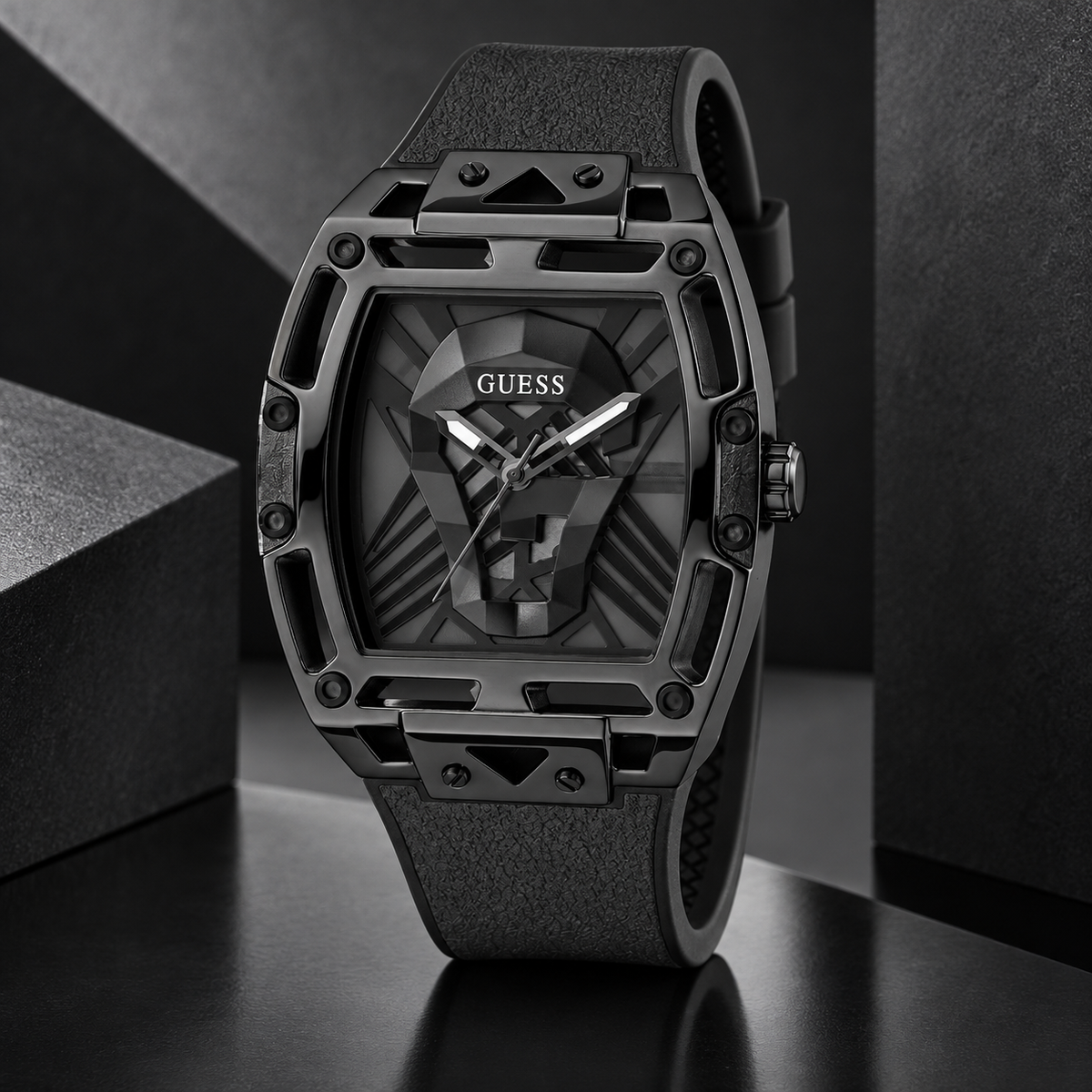 GUESS Mens Venix Black Multi-function Watch – Venix, Smoked black cut-through dial with GUESS skull motif, Black leather-over-silicone flex strap – GW0500G2 – image 2