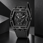 GUESS Mens Venix Black Multi-function Watch – Venix, Smoked black cut-through dial with GUESS skull motif, Black leather-over-silicone flex strap – GW0500G2 – image 2