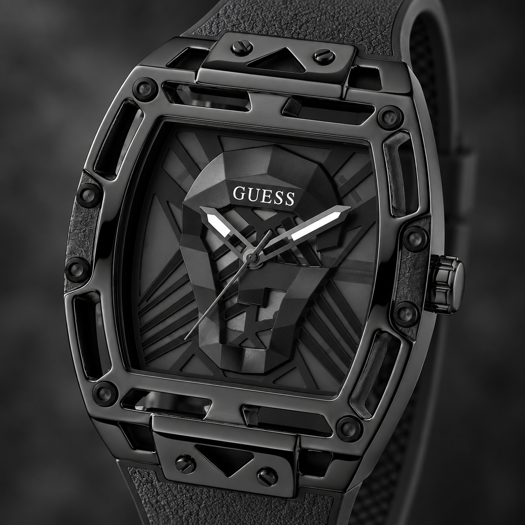 GUESS Mens Venix Black Multi-function Watch – Venix, Smoked black cut-through dial with GUESS skull motif, Black leather-over-silicone flex strap – GW0500G2 – image 3