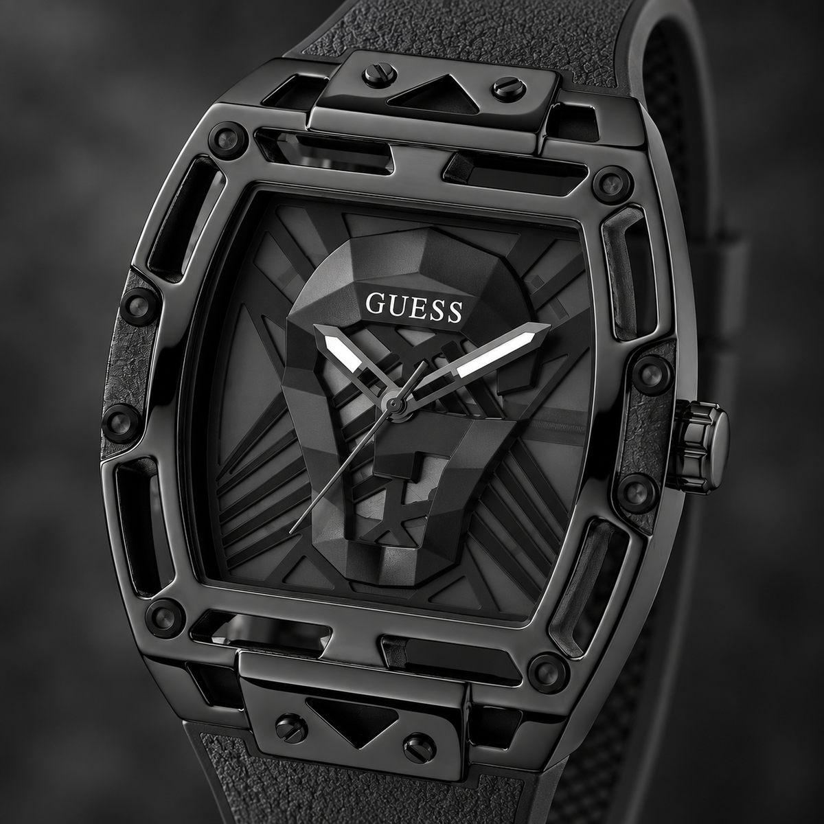 GUESS Mens Venix Black Multi-function Watch – Venix, Smoked black cut-through dial with GUESS skull motif, Black leather-over-silicone flex strap – GW0500G2 – image 3
