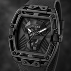 GUESS Mens Venix Black Multi-function Watch – Venix, Smoked black cut-through dial with GUESS skull motif, Black leather-over-silicone flex strap – GW0500G2 – image 3